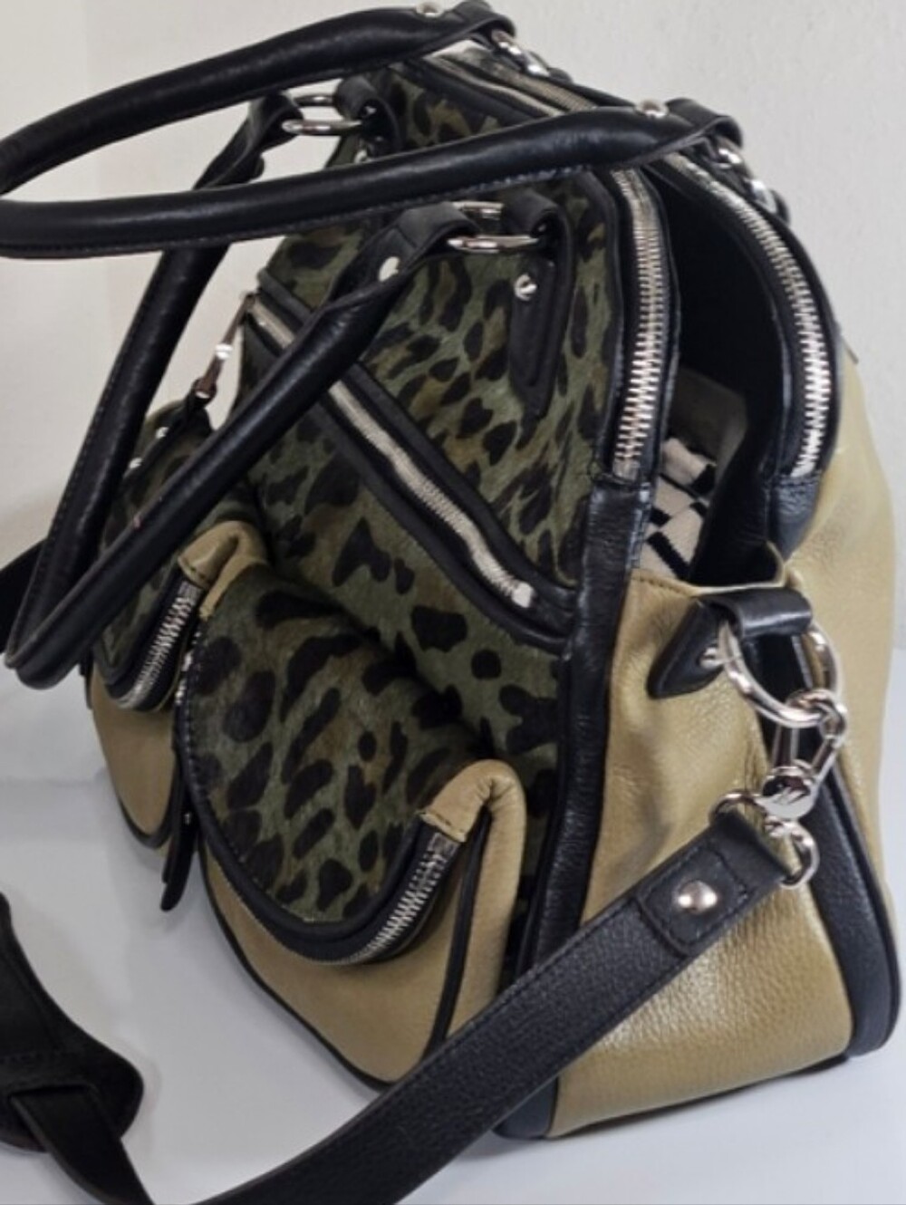 Aimee Kestenberg LUCY Olive Leopard Print Satchel w/ Black Trim, Silver Hardware - Picture 5 of 12